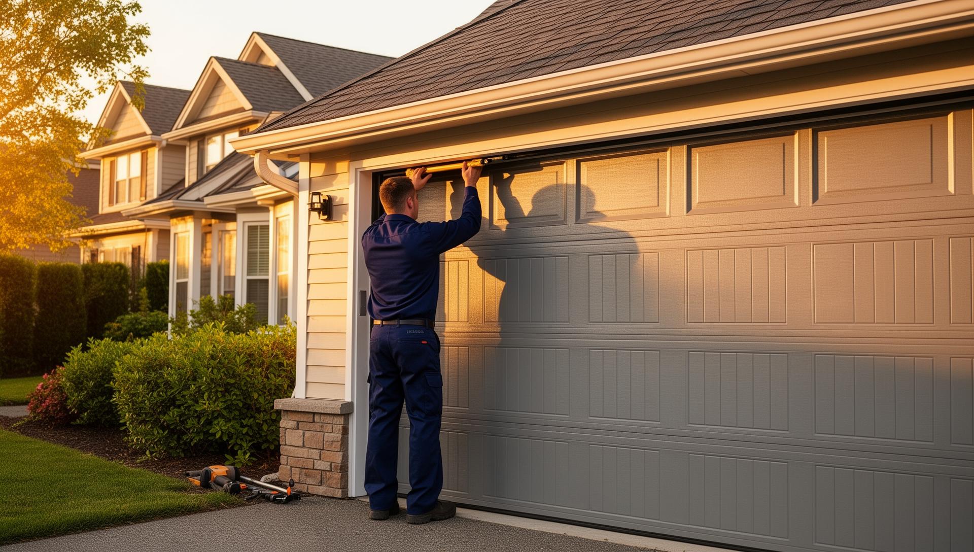 Professional garage door technician installing a modern garage door
